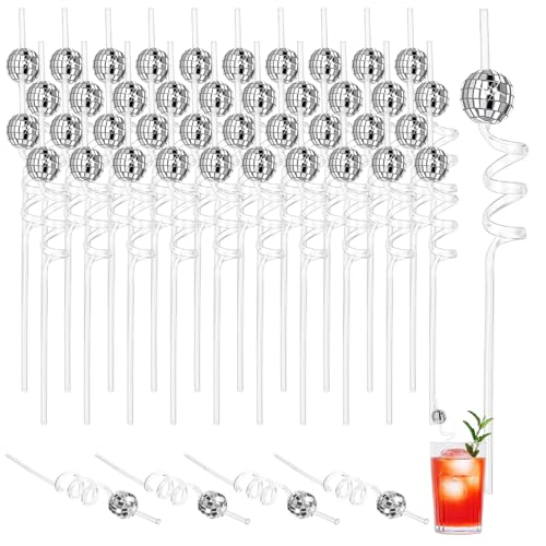 Kifmurase 40Pcs Disco Ball Straws 70s Mirror Disco Decorative Silver Straws Mini Disco Ball Decor Reusable Straw Disco Party Decorations for Dance Holiday Wedding Birthday Supplies