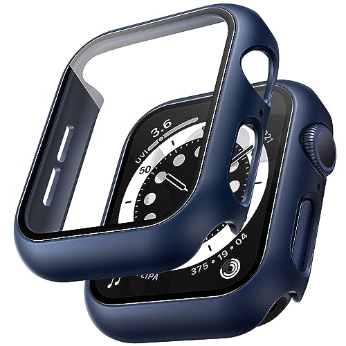 TAURI 2 Pack Hard Case Compatible for Apple Watch SE Series 6 5 4 44mm Built in 9H Tempered Glass Screen Protector Slim Bumper Touch Sensitive Full Protective Cover Compatible for iWatch 44mm - Blue