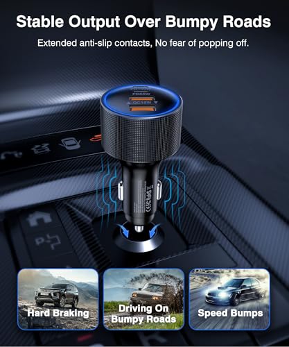 Image of 165W USB-C Car Charger, 4-in-1 Super Fast Charging Cigarette Lighter Adapter, Dual USB-C & USB-A Multi-Port Car Phone Charger Accessory, for iPhone 17 /16 /15, iPad, Galaxy, Tablets and Other Devices