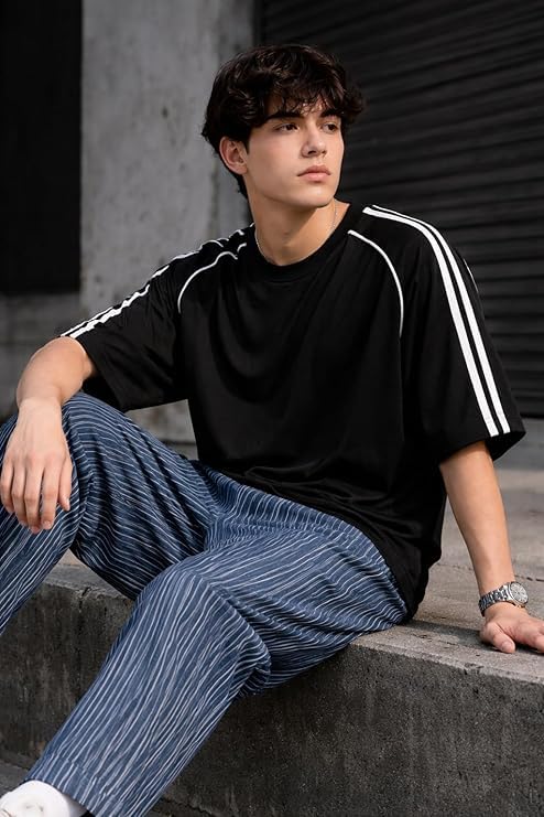 Image of O3e Men's Round Neck T-Shirt | Polycotton Fabric | Half Sleeve Casual Tee | Striped Tape Detail on Sleeves | Relaxed Fit Comfortable T-Shirt