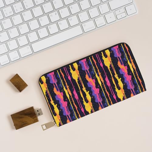 Leather Thin Slim Wallets for Women Men - Fashion Colorful Abstract Stripes Print Card Wallet Holder with Zipper 5