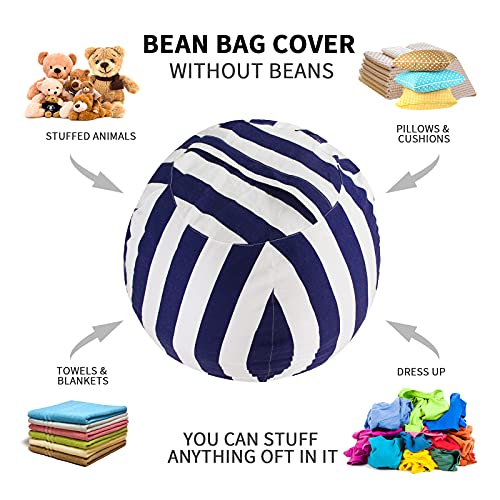 Miaowater 2 Pcs Stuffed Animal Storage Bean Bag Chair Cover, Cotton Canvas Beanbag With Zipper For Organizing Kid's And Adults Room Vertical Stripe Blue 24" #TOP4