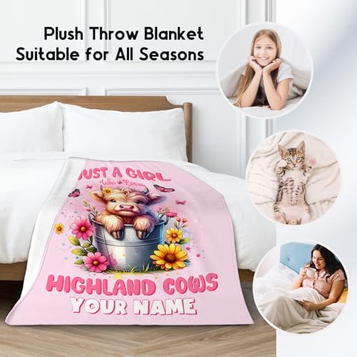 Custom Highland Cow Throw Blanket, Cozy Soft Throw Gifts for Girls, Cute Pink Flannel Throw Blankets for Couch Office, 40x50 Inches