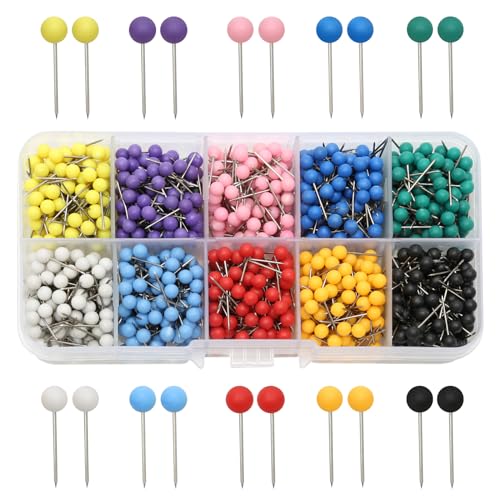 1000 Pièces Push Pins Carte avec Pointe en Acier, Punaises Multicolores (10 Couleurs, 1.5cm) pour Marquer Lieux de Voyage, Tableau Liège, Itinéraires et...