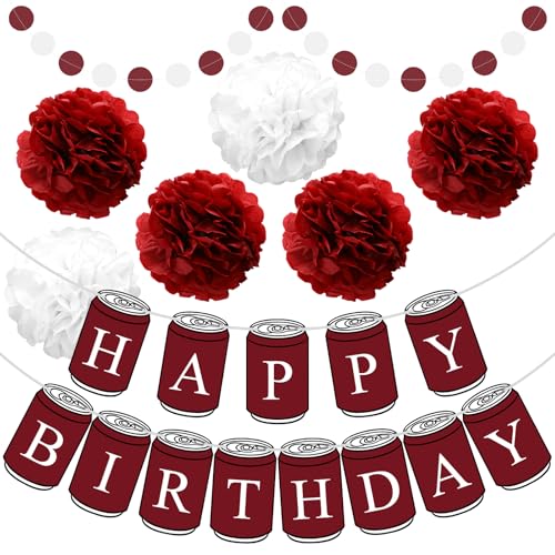 YooNotee 8 Pcs Burgundy Maroon White Birthday Decorations Drinks Cola Decor Include Happy Birthday Banner Tissue Paper Flower Pom Poms Circle Dots Hanging Garland for Party