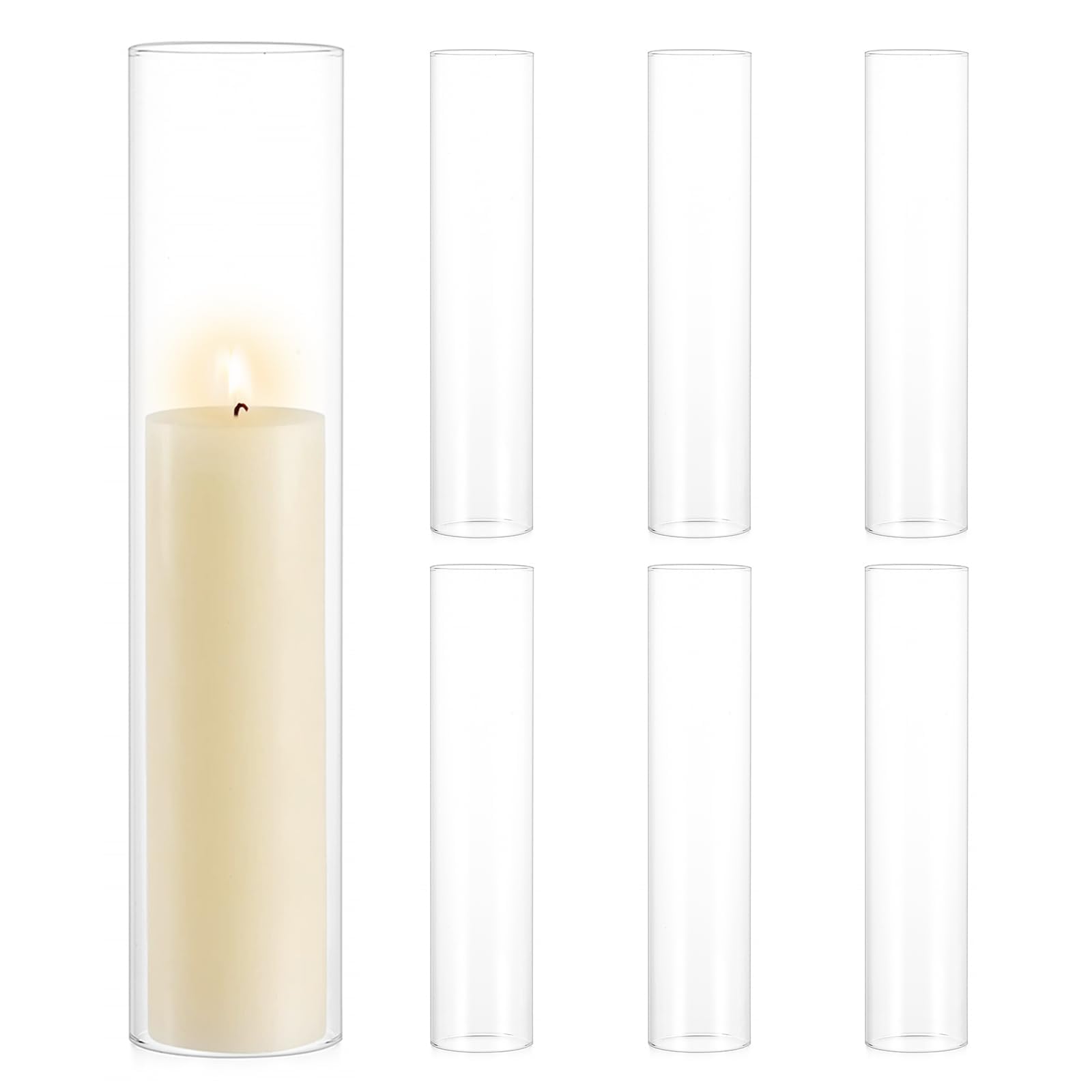 Bougeoirs Cylindrique en Verre Transparent: 6,5 x 30,5 cm Porte-Bougies Ouragan Clair Lot de 6 Covercle Tube Cylindres pour Noël Mariage Centre de Table Fête Cheminée