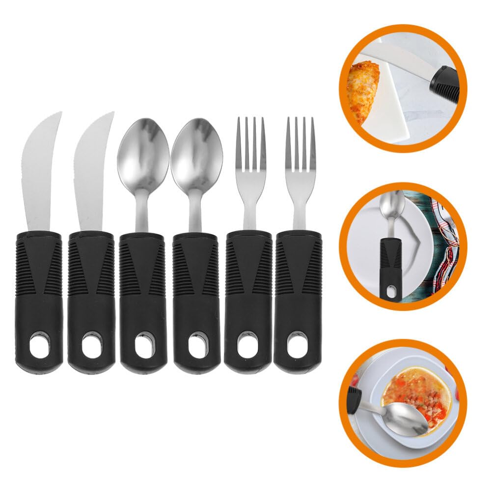 BESTonZON Juego de 6 Cubiertos Antideslizantes para Personas Mayores Mango de Goma y Acero Inoxidable, Diseño Ergonómico Adaptado y Uso Diario