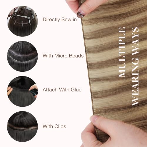 Image of GOO GOO Genius Weft Hair Extensions Human Hair, Sew In Extensions Rooted Remy Weft, #12A /18H Ash Beige Blonde Blend 20 Inch 60g, Natural Hand Tied Straight Silky