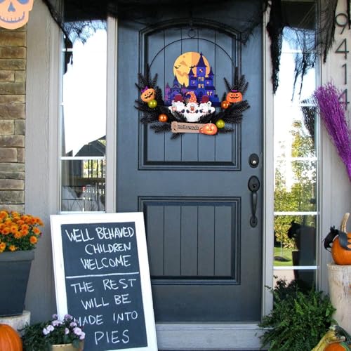 Pre-Lit Halloween Wreath for Front Door, Lighted Dwarf with 6H On/18H Off - image 4