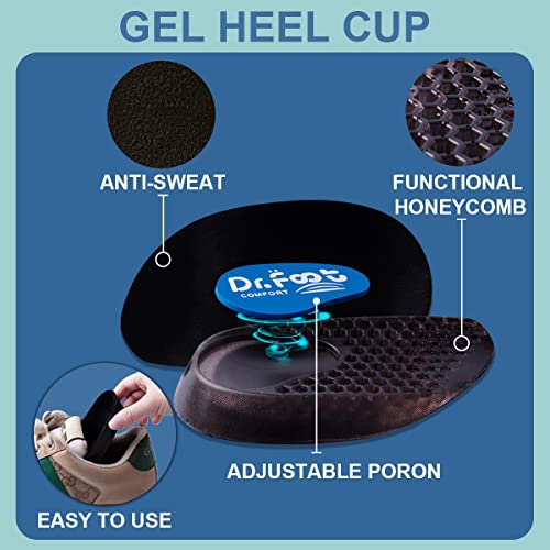 Image of Dr. Foot Plantar Fasciitis Relief Inserts, Gel Heel Cups For Heel Spurs, Heel Pain, Arch Support or Ankle Pain, Foot Orthotic Insole Shock Absorption Heel Cushion Pads For Men and Women (Large, Black)