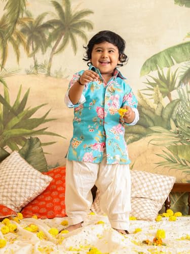 Image of Vastramay Sishu boys Vastramay Infant Boys Multicolor Base Aqua Muslin Cotton Kurta Patiala Set
