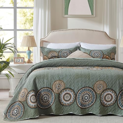 LEAONME 3 Pieces King Size Olive Green Quilt Set Lightweight Oversized Bedspread 98''x106'' Soft Microfiber Floral Coverlet Luxurious Warm Bed Cover for All Seasons (1 Quilt, 2 Pillow Shams)