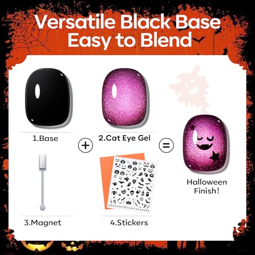 Image of Modelones Cat Eye Gel Nail Polish, 6 Colors Halloween Red Green Purple Orange Blue Gel Polish Set with Magnet Nail Stikers Glitter Nail Polish Kit Black Base Soak Off Led Nail Art Manicure Salon DIY