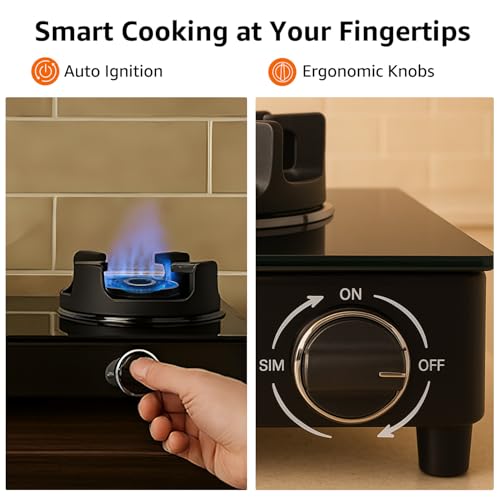 Image of Amazon Basics 2 Burner Glass Top Gas Stove - Auto Ignition, 5G Brass Burners, Crown Pan Supports, ISI Approved, Toughed Glass Top, Anti Skid Legs - Black