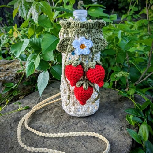 Crochet Strawberry Water Bottle Holder, Drawstring Closure, Fits 16-18 oz Bottles, Cottagecore and Festival Style Accessory (Green Strawberry)