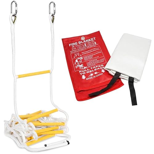 Rescue Survival Ladder 16 ft (5m) for Second Floor + Fireproof Emergency Blanket - Fire Safety Set/Emergency Ladder/Heavy Duty Home Ladder 5m - Certified Fire Rescue Ladders - Home Fire Safety