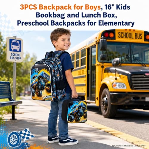 Image of 16 inch Truck Backpack for Boy, 3Pcs Car School Backpacks with Lunch Box, Kids Bookbag for Elementary Preschool Kindergarten(Black)