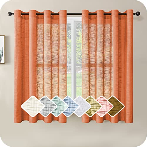 MRTREES 2 Pièces Rideaux Voilage Lin Nacarat 140x145 cm Voilage Court pour Petite Fenêtre Rideau Tamisant à Oeillets Naturel avec Motifs de Croix Décoration Élégante de Salon Chambre Salle à Manger