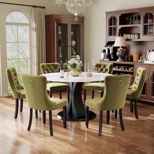 Image of 7-Piece Dining Table Set with 47In Faux Marble Table and 6 Velvet Upholstered Chairs, Modern Scandinavian Furniture for Dining Room Kitchen(Olive Green)