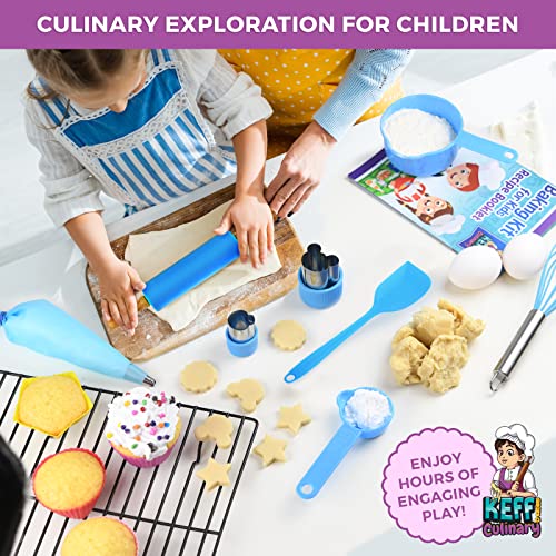 Keff Kids Cooking And Baking Set For Girls And Boys - Baking Kit With Apron, Piping Tips, Cookie Cutters & More Real Kitchen Tools & Utensils For Little Pastry Chefs - Blue #TOP5