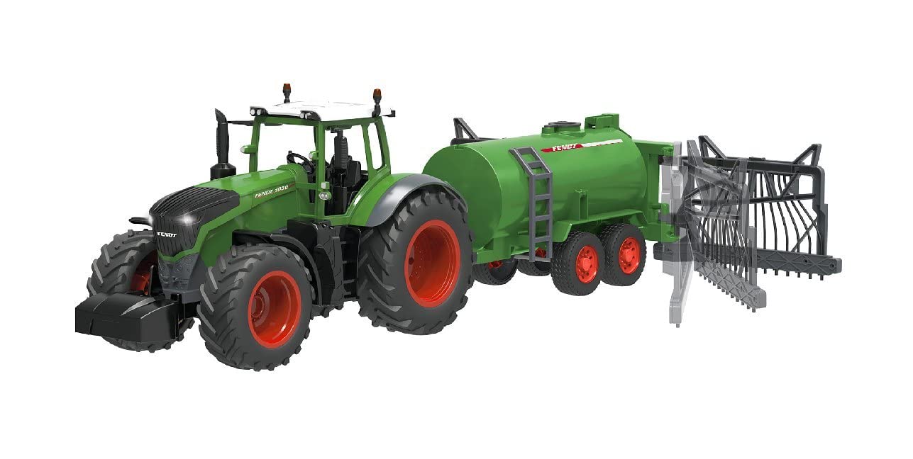 JAMARA 405235 – Fendt wózek beczkowy z rozdzielaczem węża – zbiornik 450 ml, funkcja natrysku wł./wył., hak holowniczy z przodu, ręcznie rozkładany rozdzielacz węża, zielony