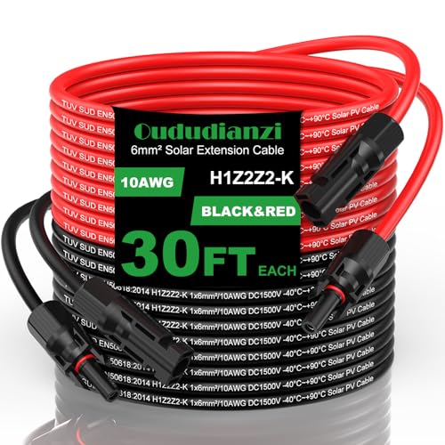 Oududianzi Solar Extension Cable 30Ft 10AWG, Solar Wire, 10 Gauge Tinned Copper PV Wire, Solar Panel Cables with Waterproof Male and Female Connectors for Home Boat RV Solar Photovoltaic Systems