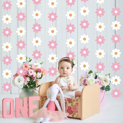Image of Pasimy 8 Pcs Daisy Boho Party Decorations Groovy Daisy Paper Garlands White Flower Hanging Garland Banner Hippie Flower Cutouts for Birthday Shower Wedding Party Favor Supplies(Fashion,Pink)