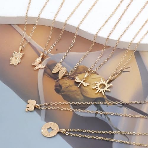 Rrdaily Stylish 9Pcs Gold Plated Necklace Set for Women,Simple Wings Butterfly Pendant Collarbone Necklace,Striking Friendship Birthday Festival Jewelry Gifts2