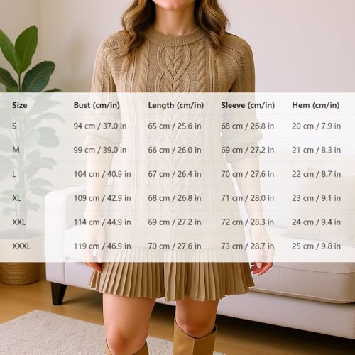 Womens Cable Knit Sweater Dress, Long Sleeve Crewneck Knit Dress with Pleated Skirt, Casual Fall Mini Dress4
