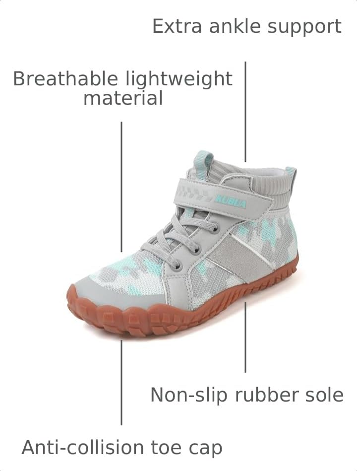 Image of KUBUA Kids High Top Barefoot Shoes Boys Girls Minimalist Zero Drop Sneakers | Wide Toe Box, Padded Collar for Ankle Support, Non-Slip, Hiking, Tennis, Walking, School, Wrestling, Gym, Little Kid, Big Kid