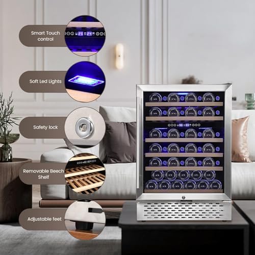 Garvee Superior Wine Refrigerator - 51 Bottle Capacity Dual Zone Cooler, Dual Zone 24" Wine Cooler,Quiet Compressor, Seamless Stainless Steel Design, Temperature Memory.