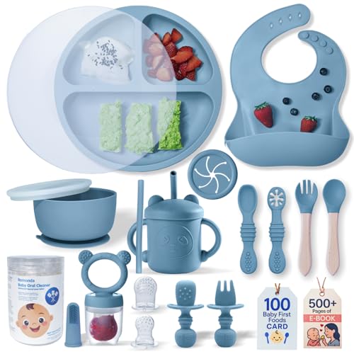Image of Remonda BPA-Free Silicone Baby Feeding Set | Extra Large Suction Plates, Toddler Bowls, Self Feeding Spoons, and More | Dishwasher Safe| Baby Led Weaning Supplies (Blue)
