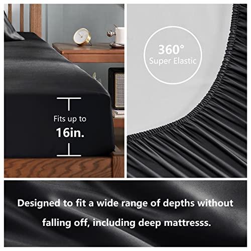 Image of CozyLux Cooling Sheets Queen Size, Rayon derived from Bamboo, Oeko-TEX Certified Luxuriously Soft & Cooling Silky Sheet Set - 16 inch Deep Pockets 4 Piece Bedding Sheets & Pillowcases，Black