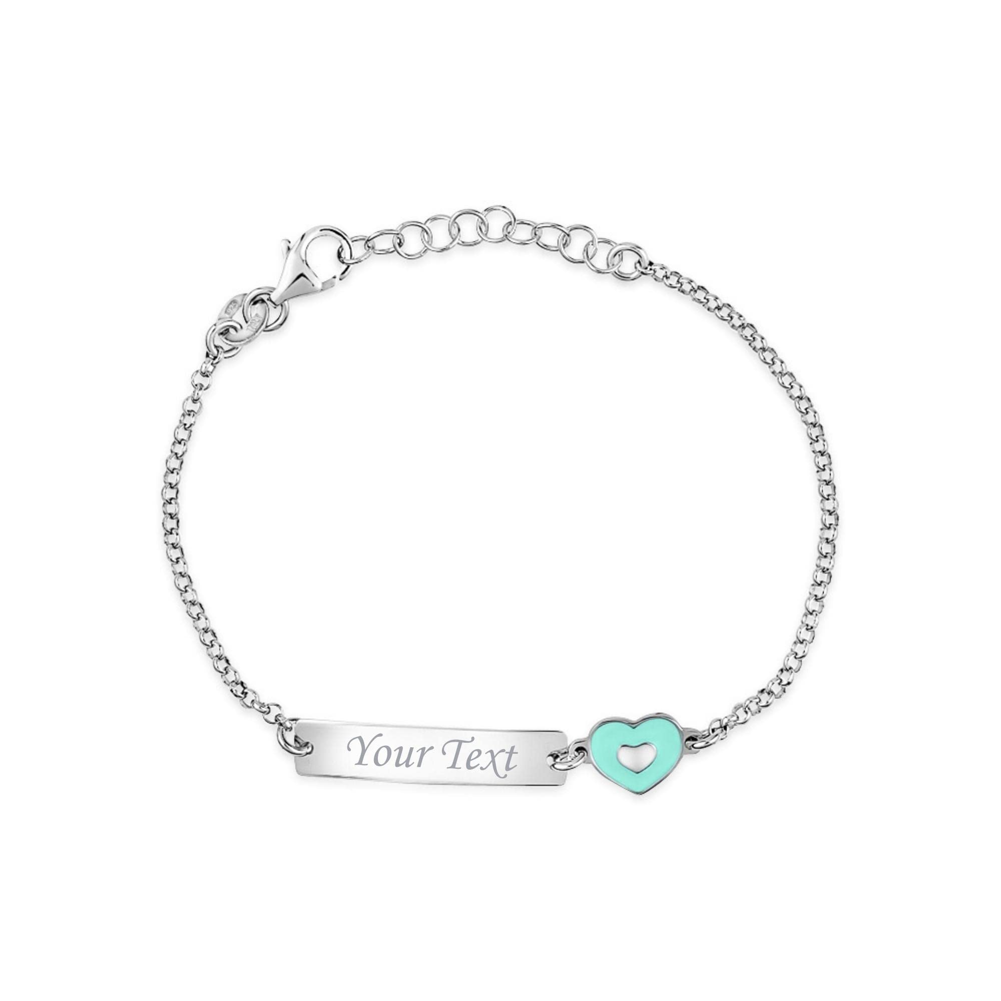 UNICORNJ Sterling Silver 925 Engravable ID Bracelet Rolo Chain for Girls Heart with Pink Enamel 6.5"