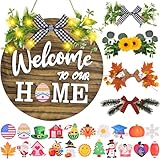 Interchangeable Welcome Home Sign, Front Door Decor With 4 Seasonal Wreaths and 21 Changeable Icons, Rustic Wood Wall Porch Hanger for Holiday Halloween Christmas Housewarming Gift (Brown)