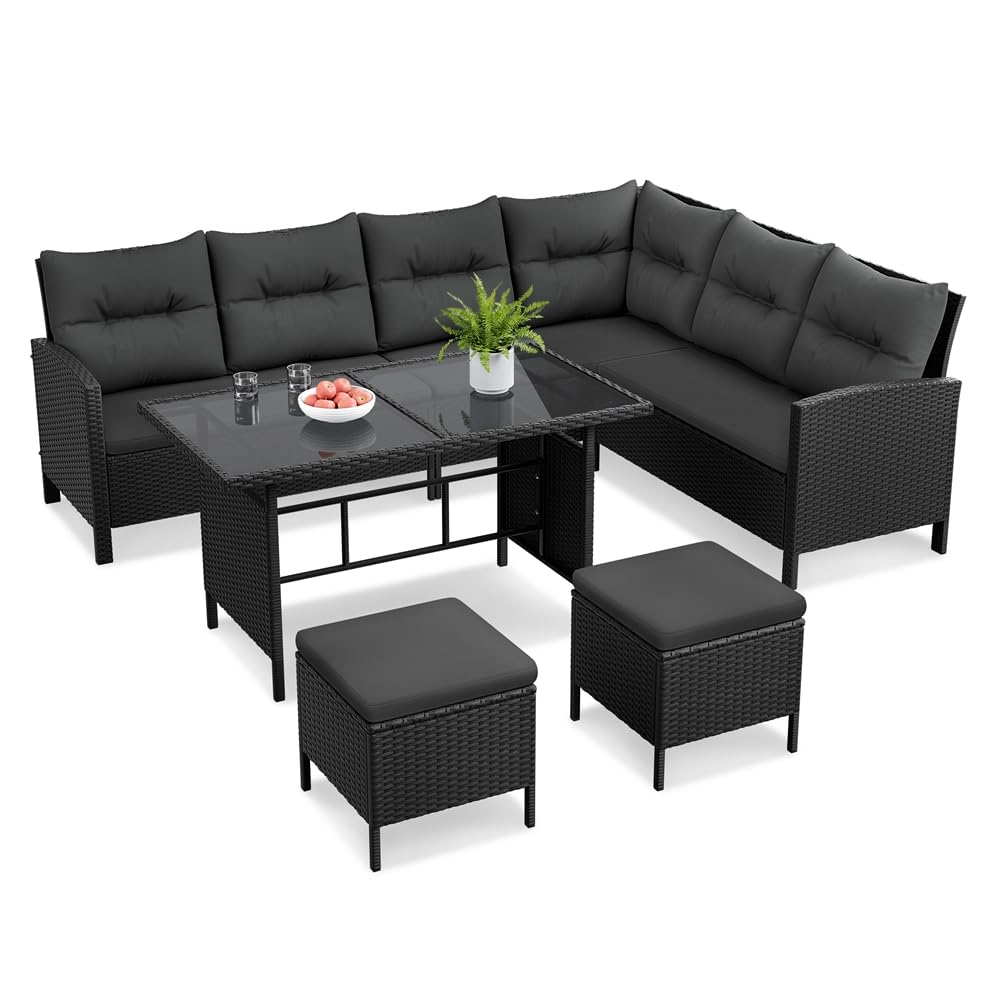 Yaheetech Set Mobili da Giardino in Rattan PE con 1 Divano ad Angolo 1 Tavolo 2 Pouf, Mobili Esterni 7 Posti con Cuscini per Patio Balcone Terrazza, Nero e Grigio