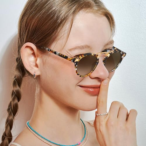 Image of CARFIA Small Face Acetate Polarized Sunglasses for Women UV Protection, Retro Double Bridge Eyewears Metal Brow Round Sunnies