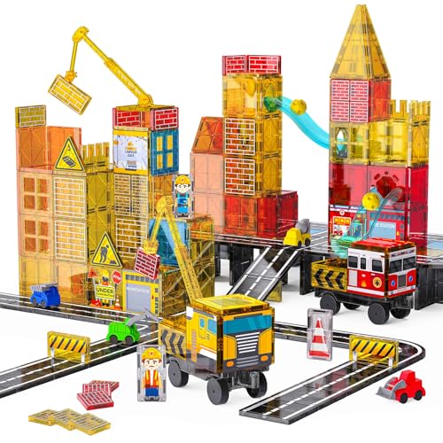 SKTMYY Magnetic Tiles Construction Toys with Road & Crane & Marble Run Double-Sided Fire Station & Building Magnet Tiles for Kids Ages 4-8 STEM Magnetic Blocks Gifts for 3 4 5 6 7 8 Years Old Boys