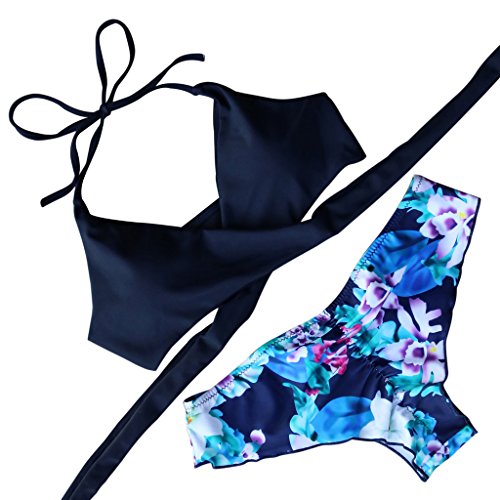 RUUHEE Womens Push up Padded Bikini Floral Printing Bottom Swimsuit 2 Piece NavyB3791,Medium
