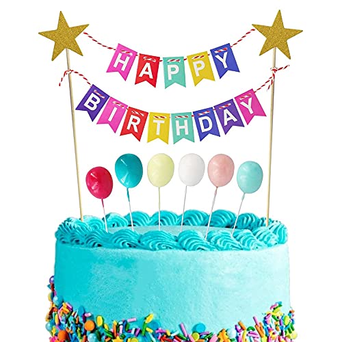 Xihuimay XH-DGCJ-CHLQ 15Pcs Cake Topper Birthday Set Happy Birthday Banner Topper Handmade Cupcake Topper Including Colorful Rainbow Clouds Balloon Stars Picks thumb #2