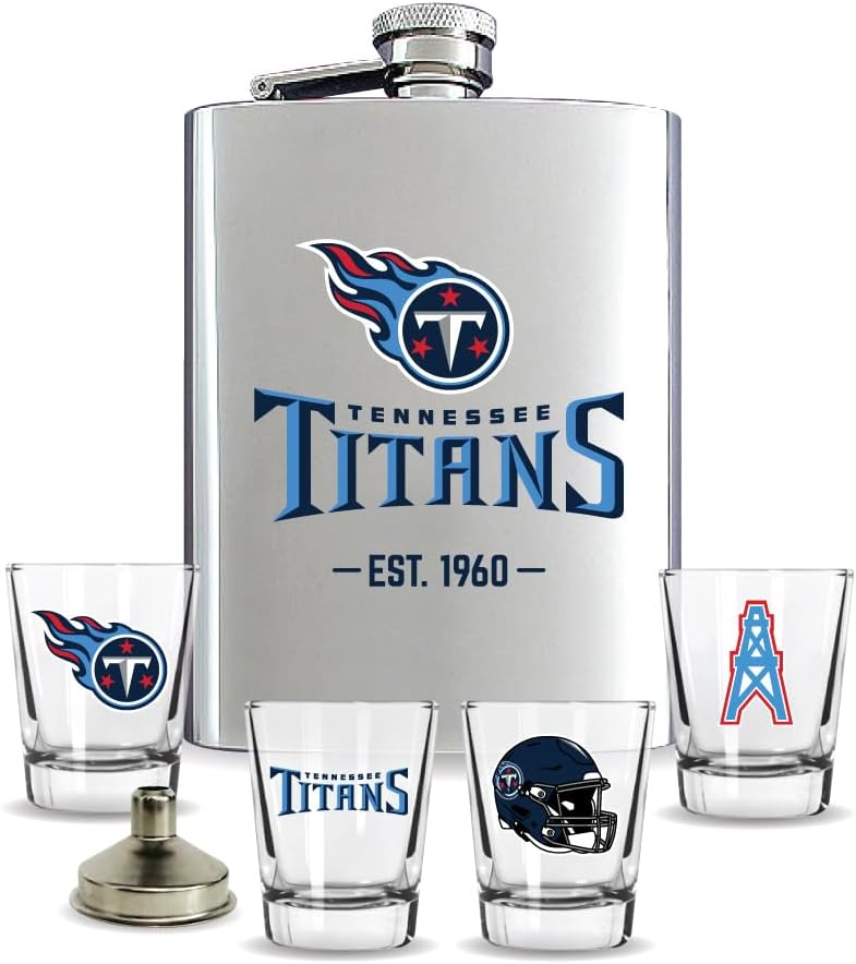 NFL Tennessee Titans Flask and Shot Glass Gift Set, Stainless Steel, 8oz Flask with Four 2oz Glasses, NFL Team Logo Design, EST. 1960