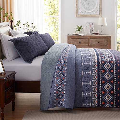 LEAONME Quilt Set Full/Queen Size 3 Piece Bedspread Coverlet Lightweight Comforter Microfiber Bedding Set for All Season Oversized 90x98 Inch Bed Cover Bohemian Navy Blue(1 Quilt,2 Pillow Shams)