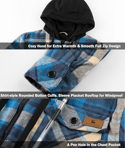Image of V VALANCH Men's Flannel Shirt Jacket with Hood Fleece Lined Plaid Jacket Zip Up Winter Warm Coat