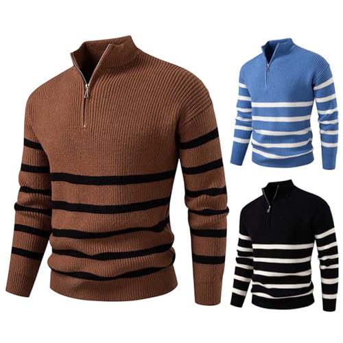 Cambkatl Men's Quarter Zip Striped Sweaters - Stylish Stand Collar Stretch Casual Long Sleeve Pullover Knitted Sweater Tops2