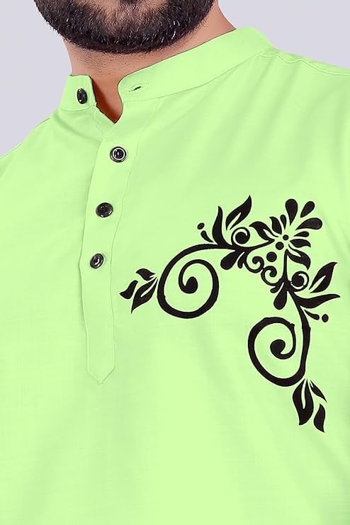 Image of DEELMO Men's Regular Fit Flower Pattern Short Kurta Lemon