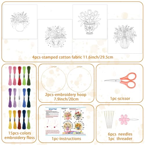 Image of BEUNITONE 4 Set Embroidery Kits for Beginners, Flower Arrangement Design with Pre-Stamped Pattern Craft Kits Include Instruction and Hoops, 7.9x7.9 Needlepoint Kits for Festival Gifts and Home Decor