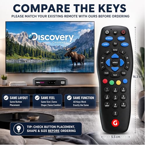 Image of Original Remote Control Compatible with Tata Sky HD & SD Set Top Box - Non-Voice Remote | Replacement Remote for Tata Play Setup Box | Plug & Play Match Keys Design