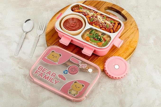 Image of KAVANA Lunch Box 3 Compartment Leak-Proof BPA Free Stainless Steel, Lunch Box for Kids, Lunch Box for School & Office with a Fork, a Spoon (Blue), 750 ml (Pink)