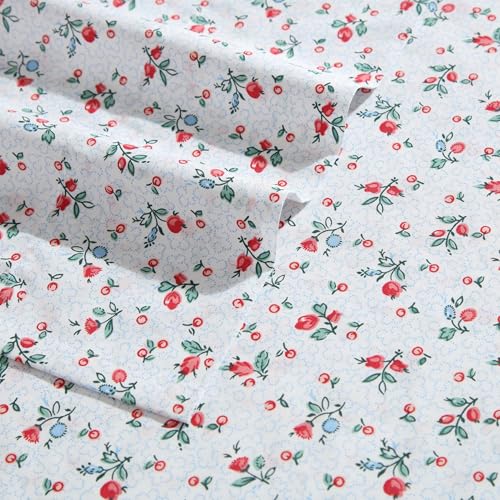 Image of Laura Ashley - Full Size Sheet Set, Crisp & Lightweight Cotton Percale Bedding with Fitted Sheet and Pillowcases, Floral Room Decor, Deep Pocket, College Dorm Room Essentials (Aylesmore Ditsy Red)
