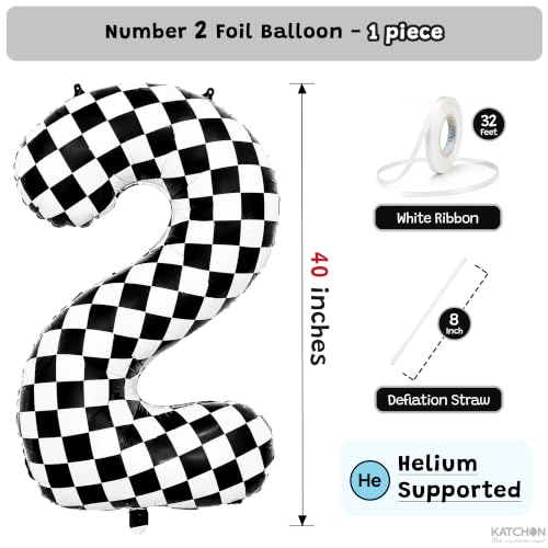 Image of KatchOn Checkered Number 2 Balloon, 2nd Birthday Decorations - 40 Inch